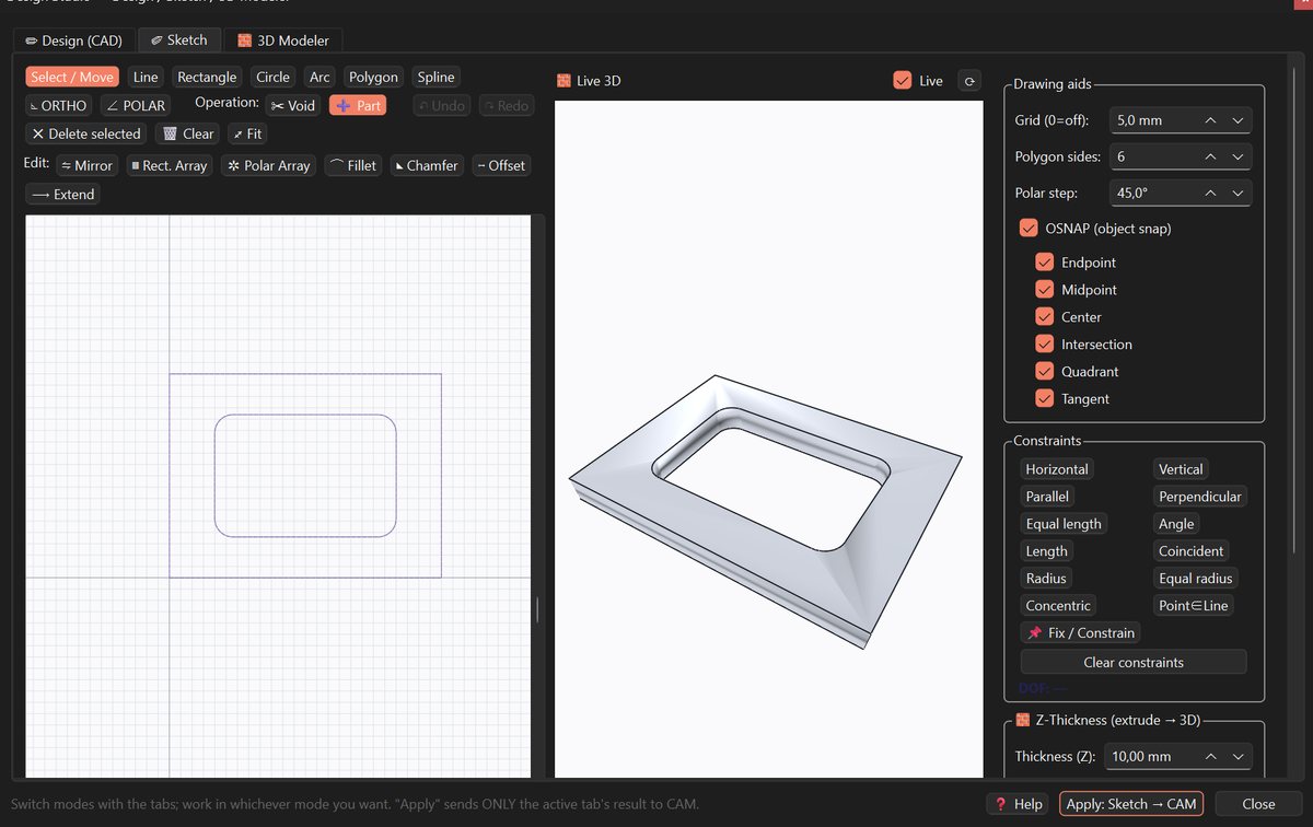 2D sketch turned into a 3D solid in CAMEKOS